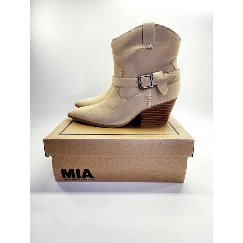 Mia Clement Womens Western Bootie Size 10M Tan Stacked Heel Rustic Slip-On